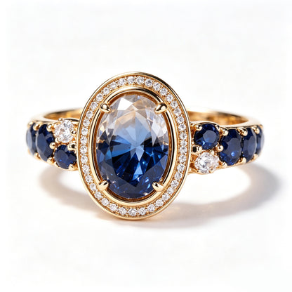 Celestial Midnight Blue Gold Halo Ring