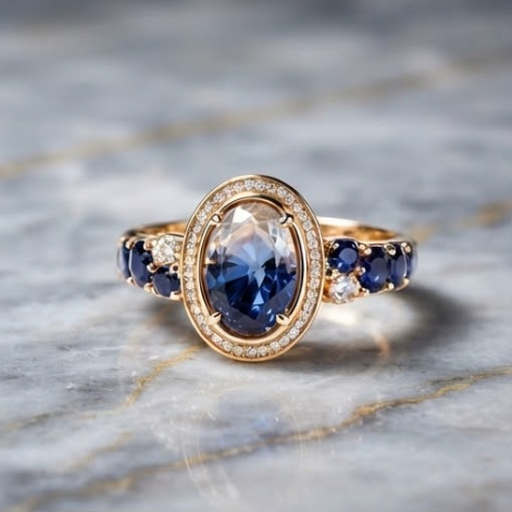 Celestial Midnight Blue Gold Halo Ring