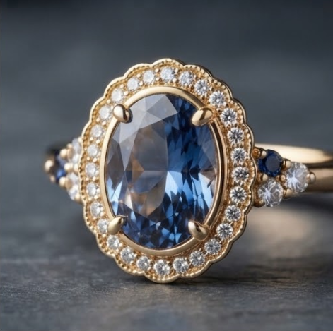 Celestial Midnight Blue Gold Halo Ring
