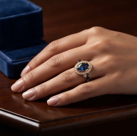 Celestial Midnight Blue Gold Halo Ring